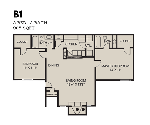 Floor plan for 2 beds, 2 baths, 905 sqft